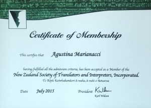 Agustina Marianacci: NZSTI Certificate of Membership